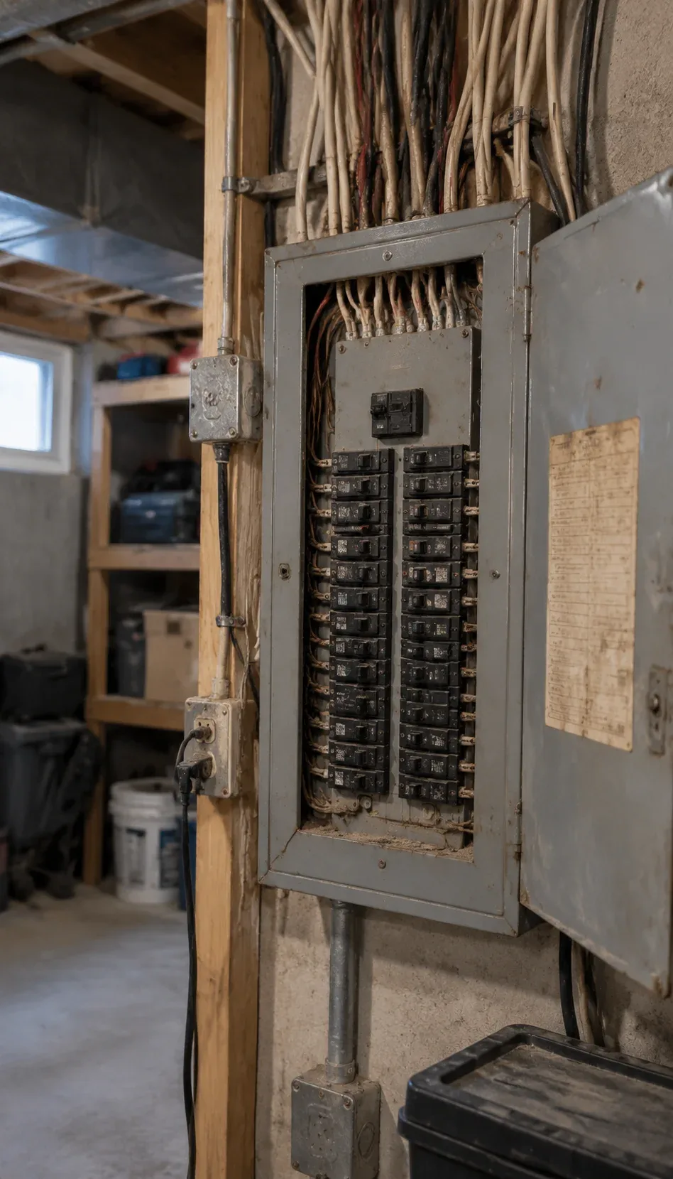 Electrician inspecting electrical panel in Stoney Creek basement