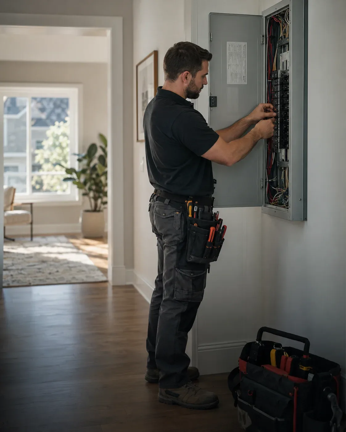 Electrician installing electrical panel in Stoney Creek home